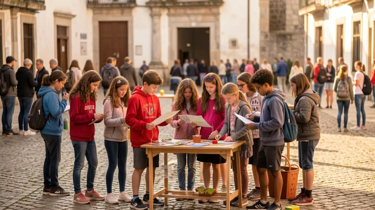 Generic image of students participating in a cultural and adventure activity in a historic Portuguese square.