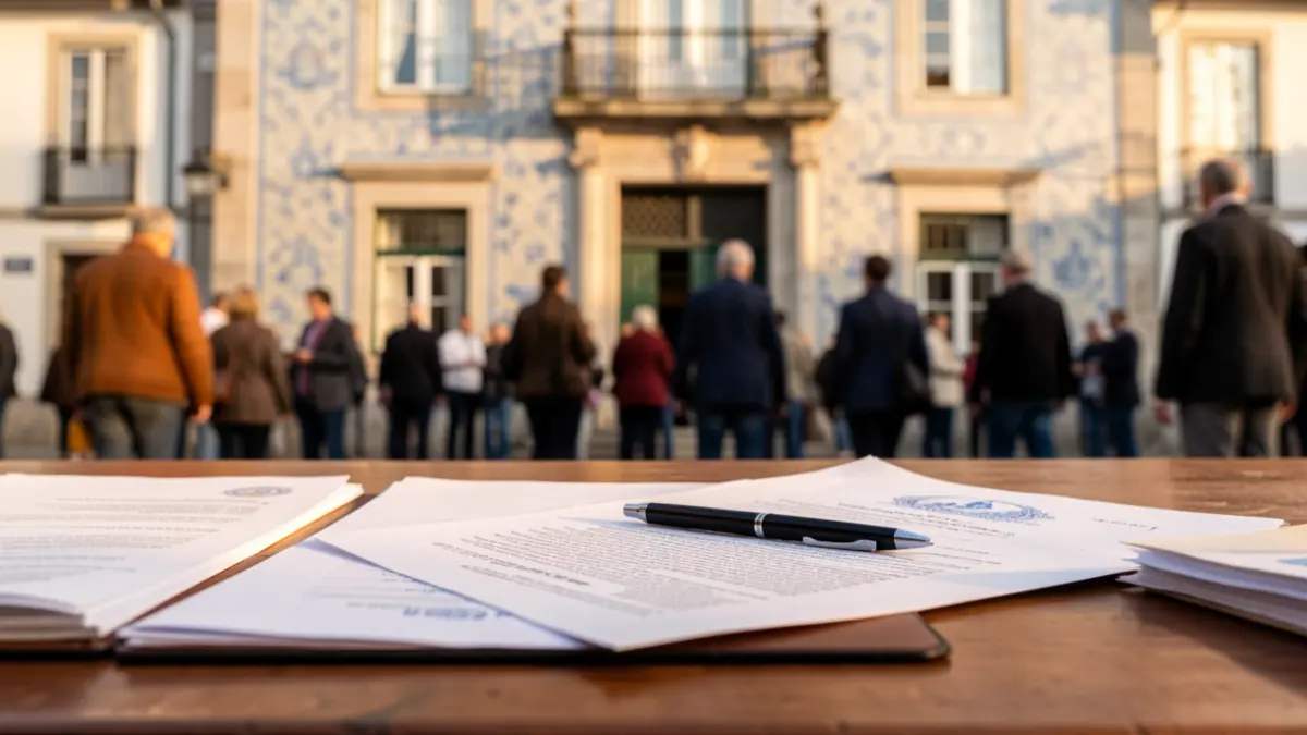Imagem de documentos oficiais e fachada de um edifício municipal português com azulejos.