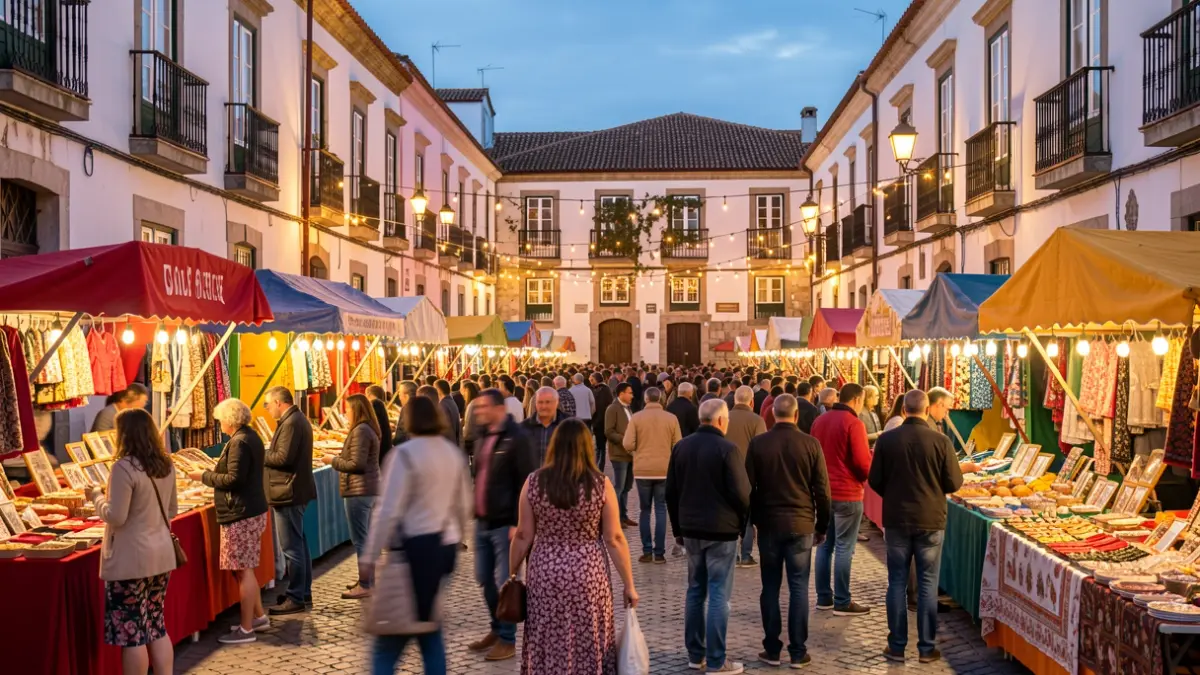 Cena de uma feira popular noturna numa praça portuguesa, com bancas coloridas e iluminação festiva.