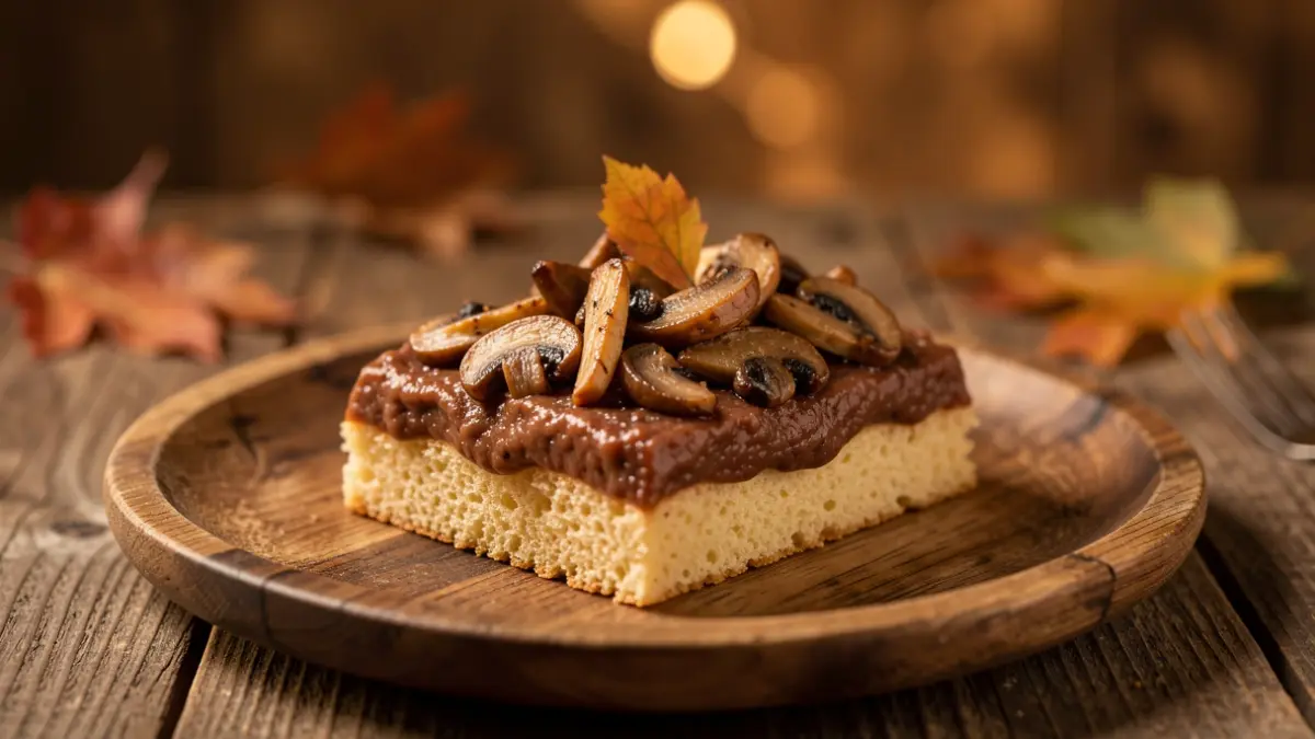 Generic image of a tapa with elements resembling an autumn landscape, such as chestnut puree and mushrooms.