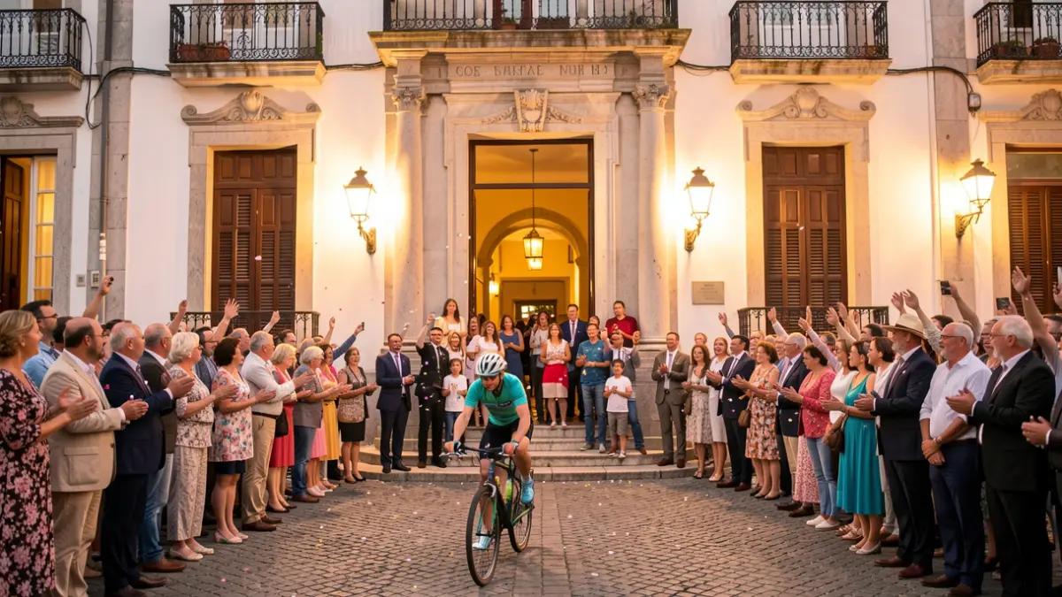 Imagem genérica de uma multidão a receber um ciclista à entrada de um edifício municipal em Portugal, com um ambiente de alegria e emoção.