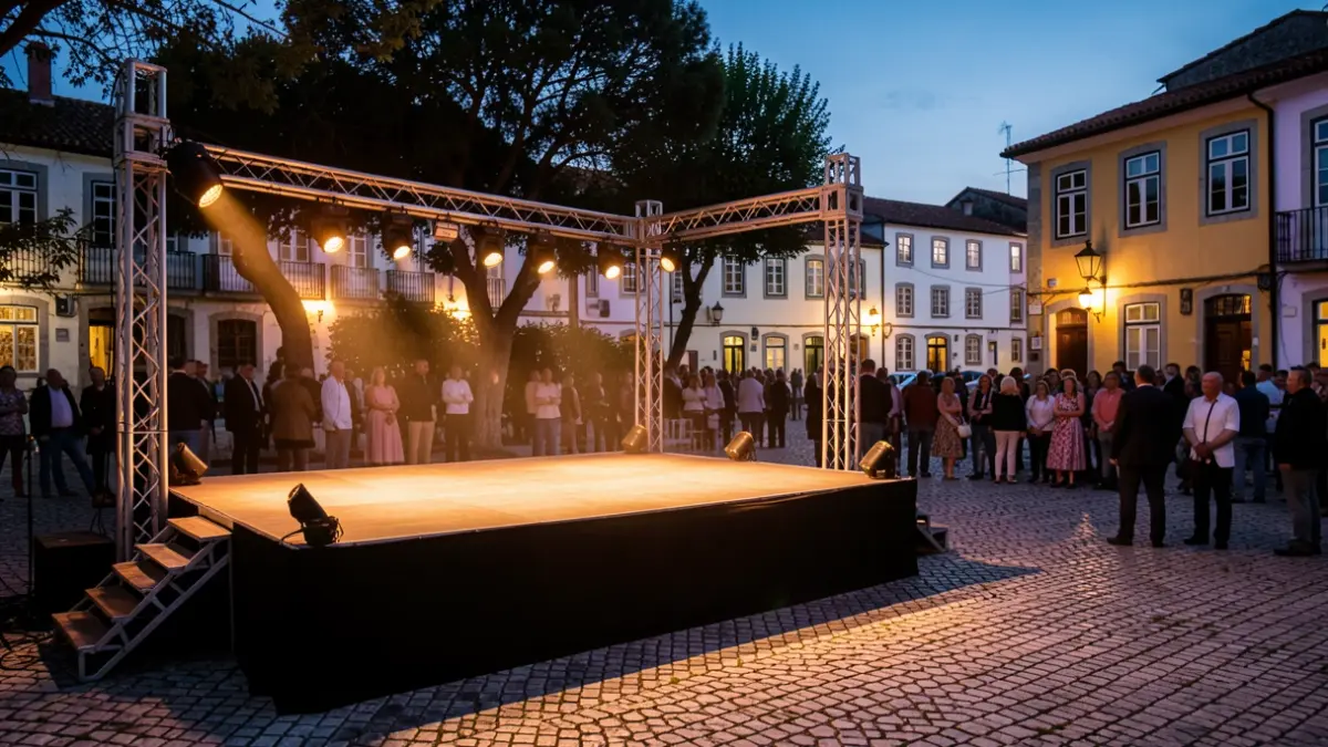 Escenario al aire libre en una plaza portuguesa al atardecer, con iluminación enfocada en el escenario vacío y pavimento tradicional.