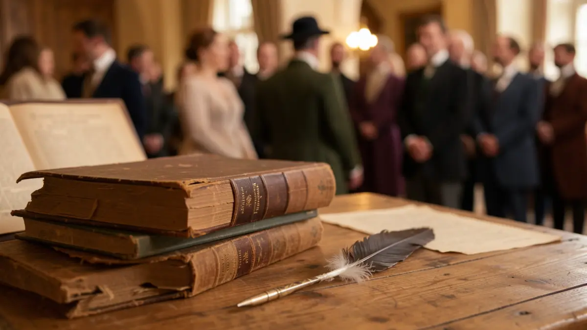 Imagem de livros antigos e uma pena sobre uma mesa de madeira, com documentos históricos desfocados ao fundo.