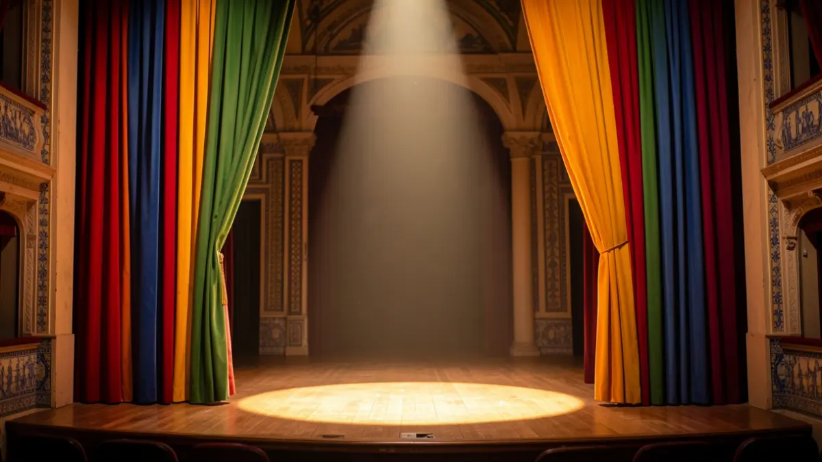 Imagem genérica de um palco de teatro com cortinas coloridas e um foco de luz, evocando artes cénicas.