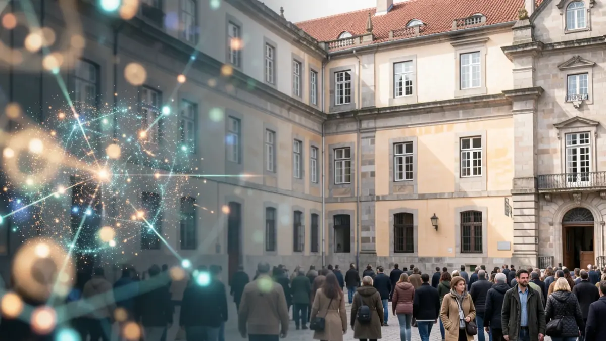 Representación abstracta de descubrimiento científico y potencial futuro, con elementos borrosos de una fachada universitaria y partículas brillantes, en estilo arquitectónico portugués.