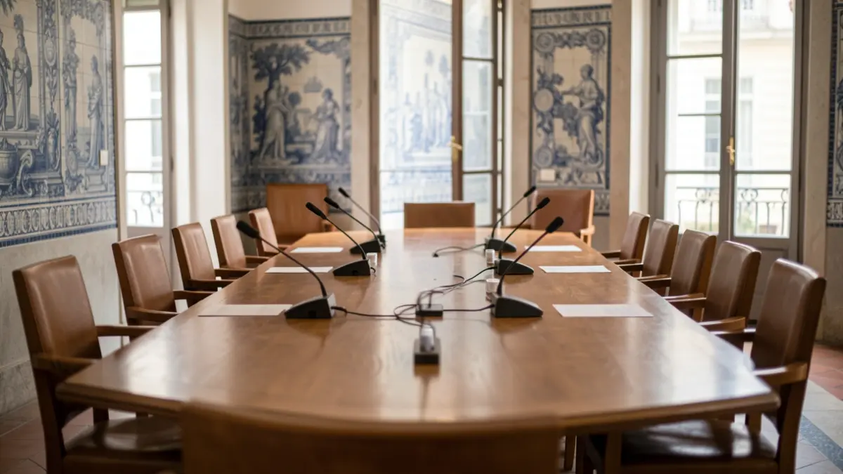 Imagem genérica de uma sala de reuniões em edifício público português, com mesa longa, microfones e cadeiras.