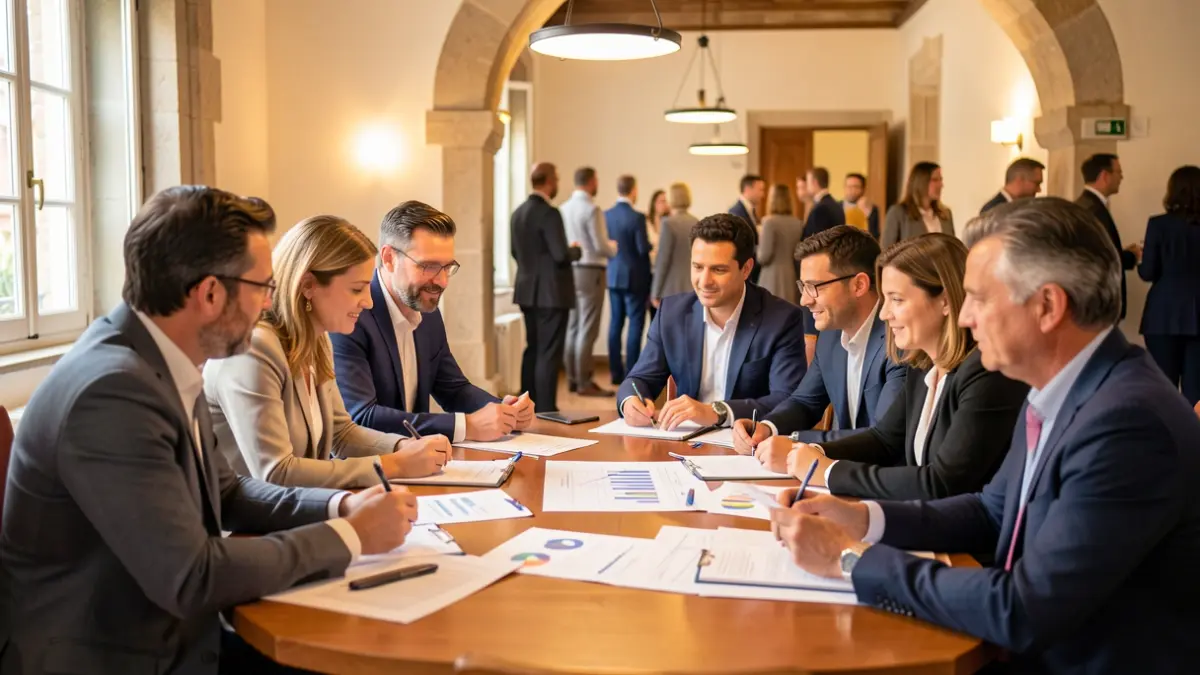 Imagem genérica de um grupo de profissionais a discutir planos numa sala de reuniões com elementos arquitetónicos portugueses subtis ao fundo.