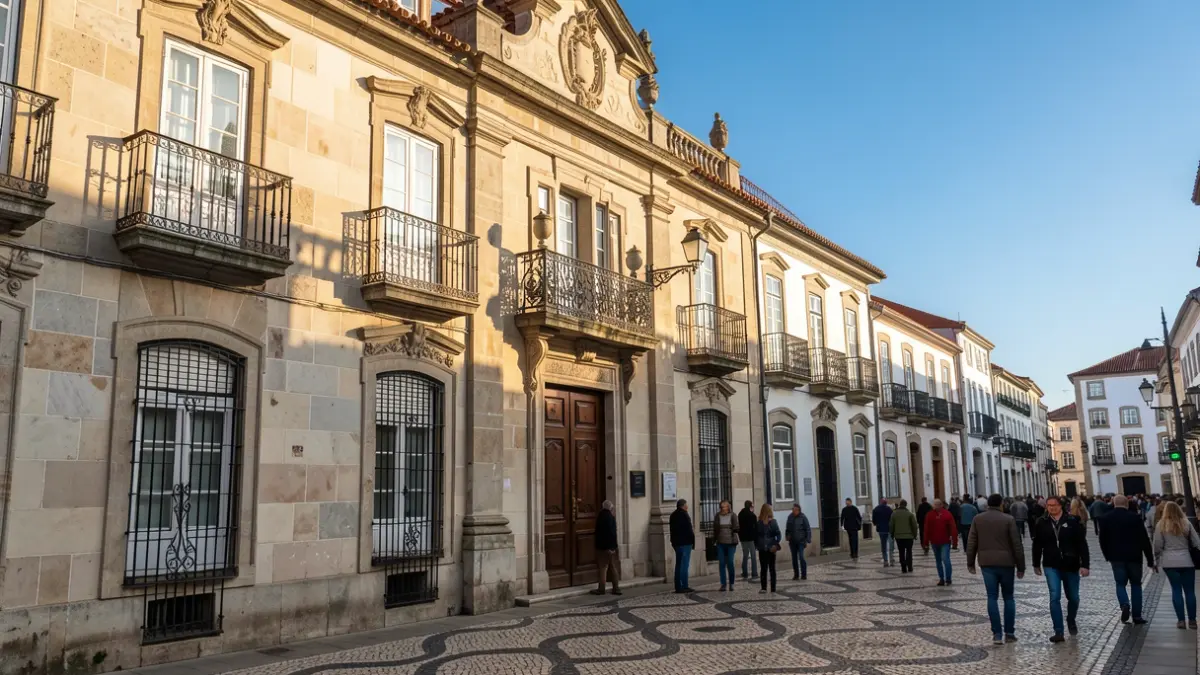 Imagem genérica de uma fachada de Câmara Municipal portuguesa com varandas ornamentadas e grades de ferro, luz solar quente da tarde a projetar sombras nas paredes de arenito, céu azul. Inclui elementos de calçada portuguesa no chão.
