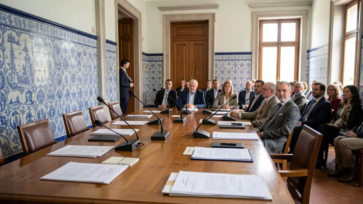 Official meeting room in Portugal with traditional architectural elements.
