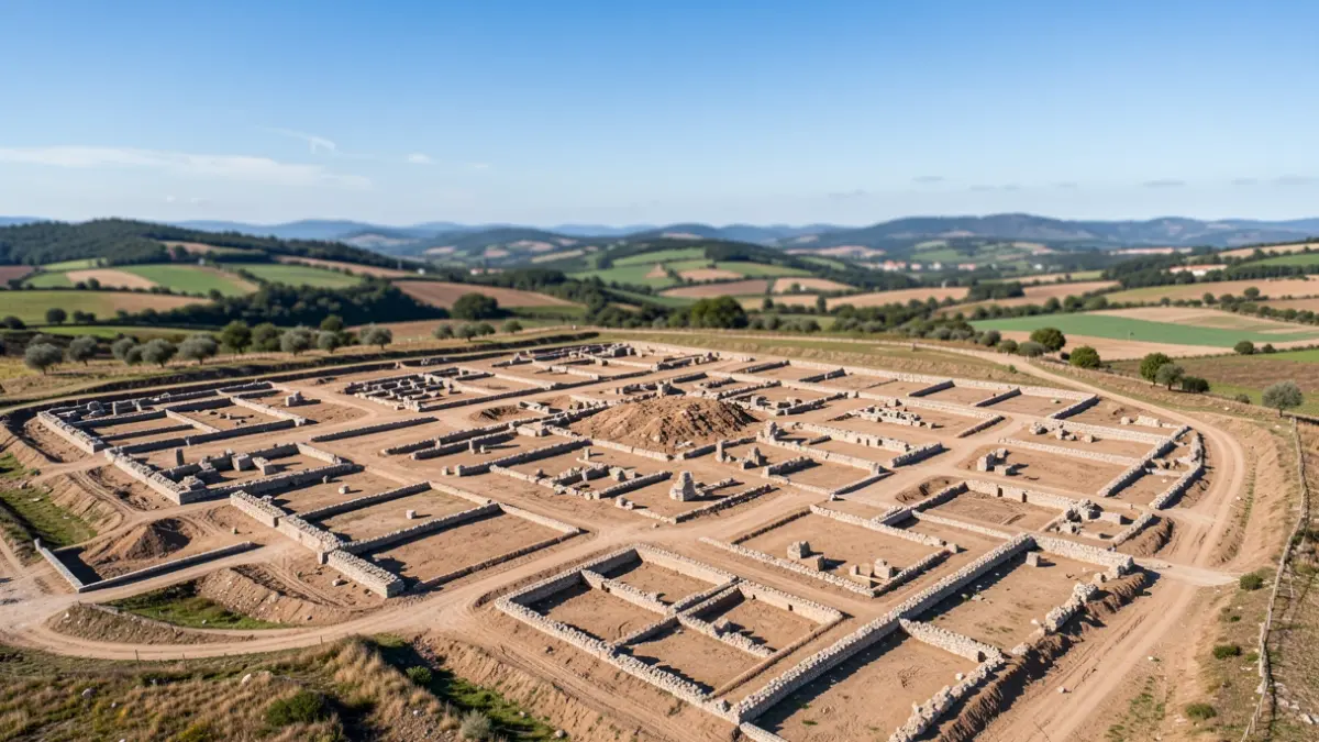 Aerial view of a vast archaeological site with ancient ruins and excavation trenches in the Alto Minho region.