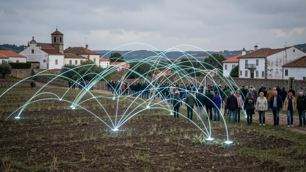 Imagem genérica de conectividade digital em paisagem rural portuguesa com arquitetura tradicional.