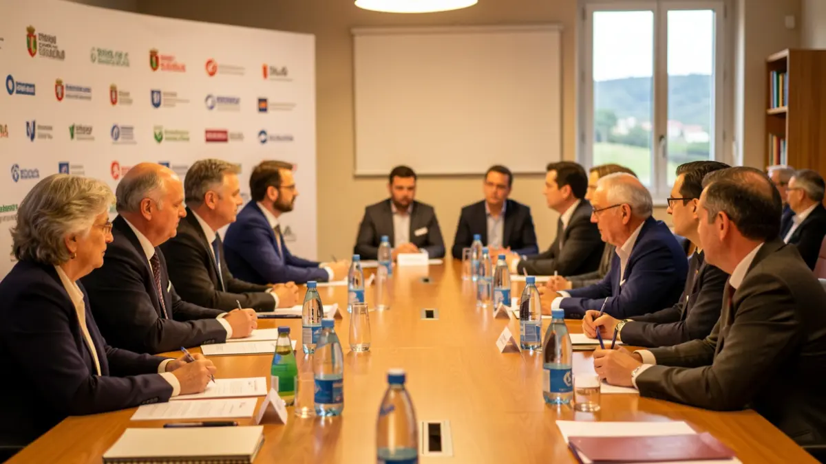 Imagem genérica de uma sala de reunião com representantes institucionais e documentos sobre a mesa.