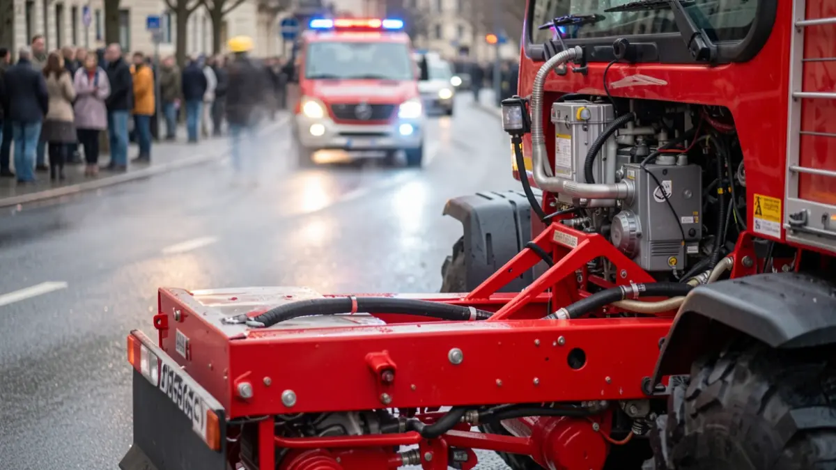 Generic image of a modern fire engine with equipment, featuring blurred emergency lights on wet asphalt.