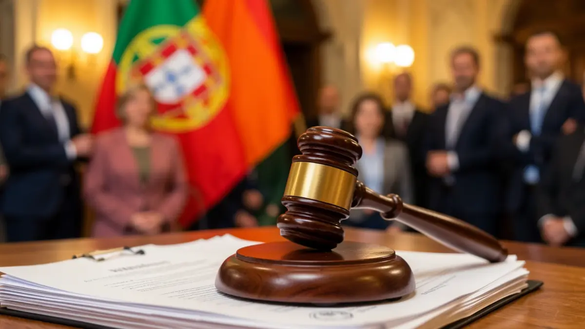 Imagem genérica de um martelo de madeira sobre documentos oficiais, com uma bandeira portuguesa desfocada ao fundo.