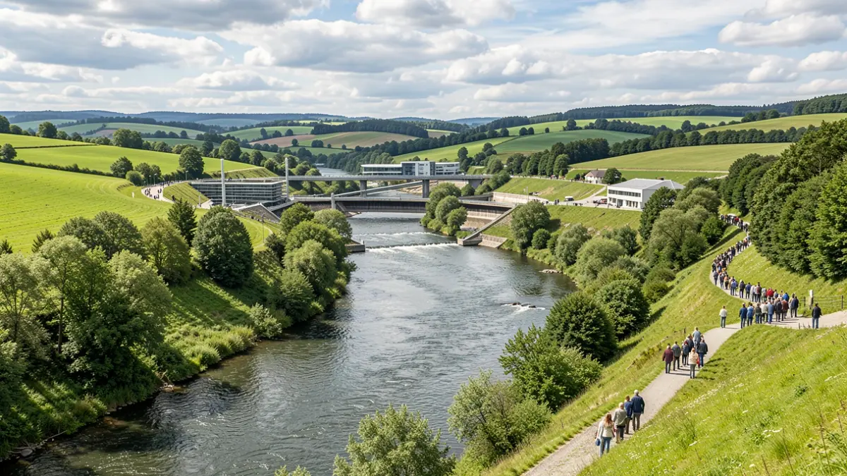 Generic image: green valleys, and water management and flood control infrastructure.