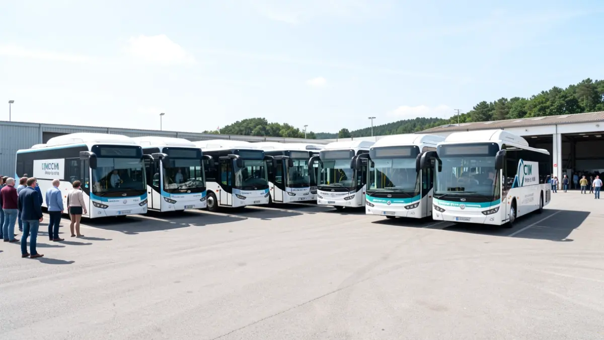 Flota de autobuses eléctricos nuevos en un depósito.