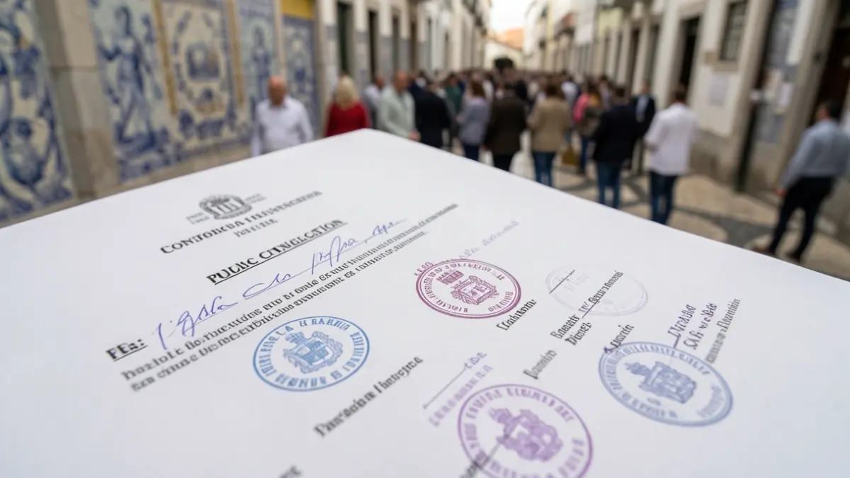Generic image of an official document with seals and stamps, under public consultation, with blurred Portuguese architectural elements in the background.