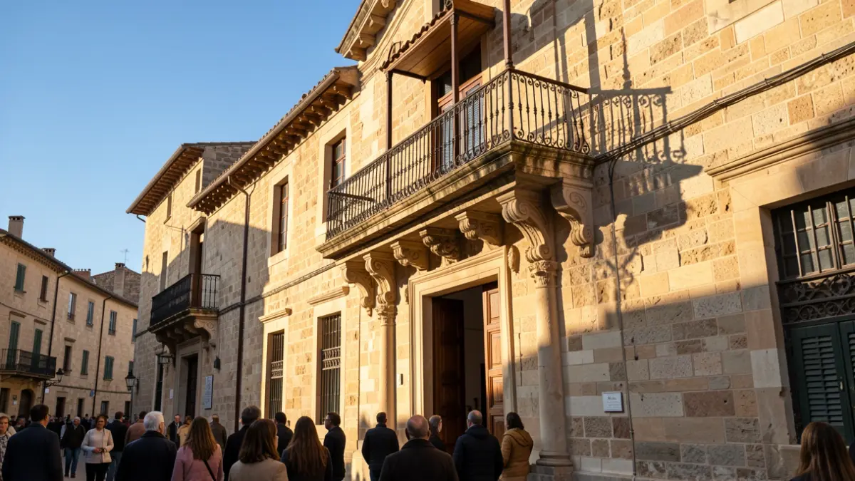 Imagen genérica de una fachada de edificio institucional con balcón ornamentado y luz solar de atardecer.
