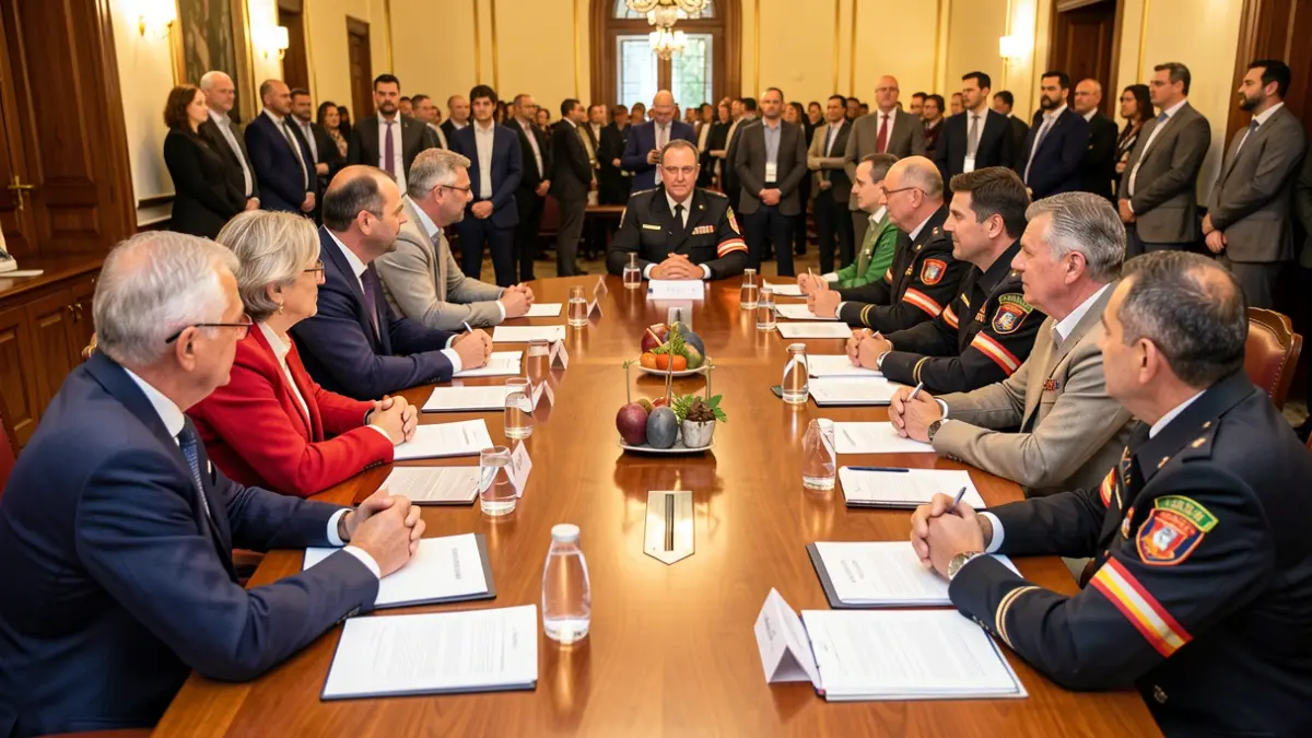 Imagem genérica de uma reunião de coordenação de proteção civil sub-regional em Portugal, com autoridades e representantes de várias entidades.