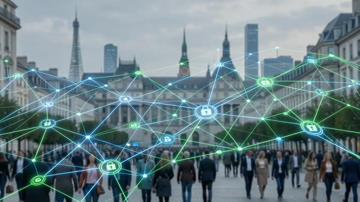 Generic image of an abstract digital network with subtle architectural elements, representing cybersecurity and urban management.