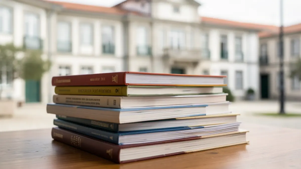 Generic image of a stack of academic books and research papers on a wooden desk, with a blurred background of a modern university building facade in Portugal.