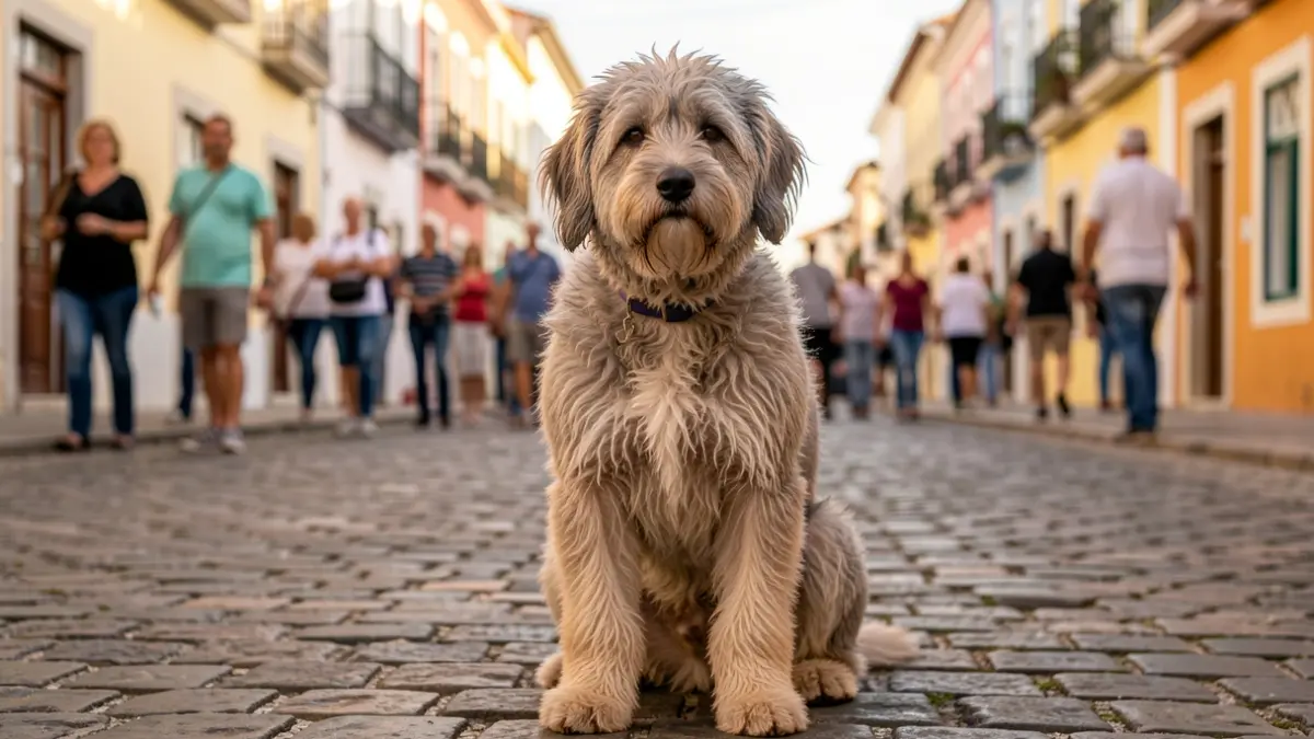 Imagem de Cindy, a cadela mais idosa de Loulé, sentada numa rua de calçada portuguesa.