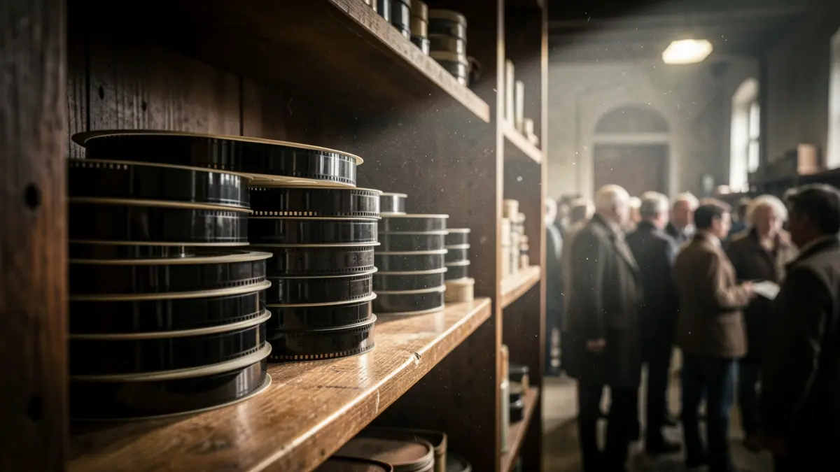 Image of old film reels on an archive shelf.