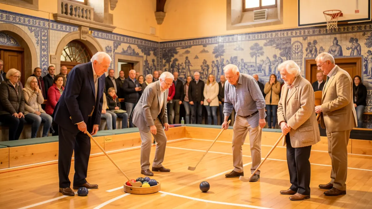 Imagem genérica de idosos a jogar boccia num pavilhão desportivo municipal em Portugal.