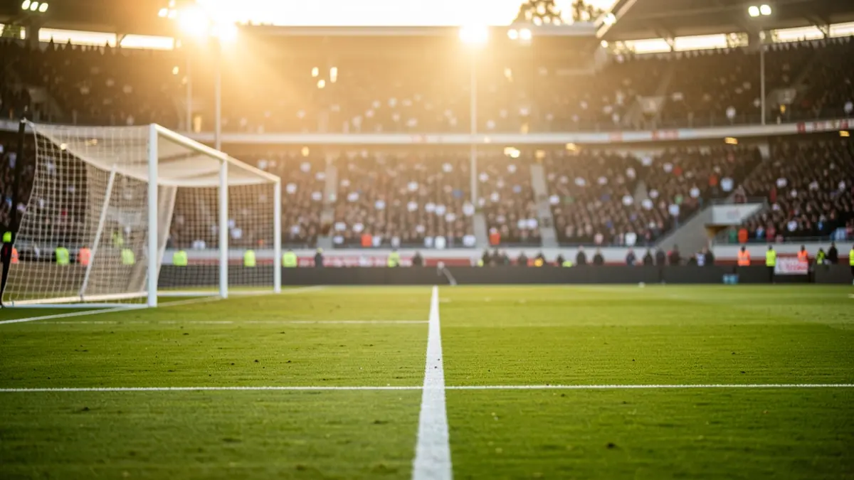 Generic image of a football pitch with goalposts and green grass, stadium lights blurred in the background.