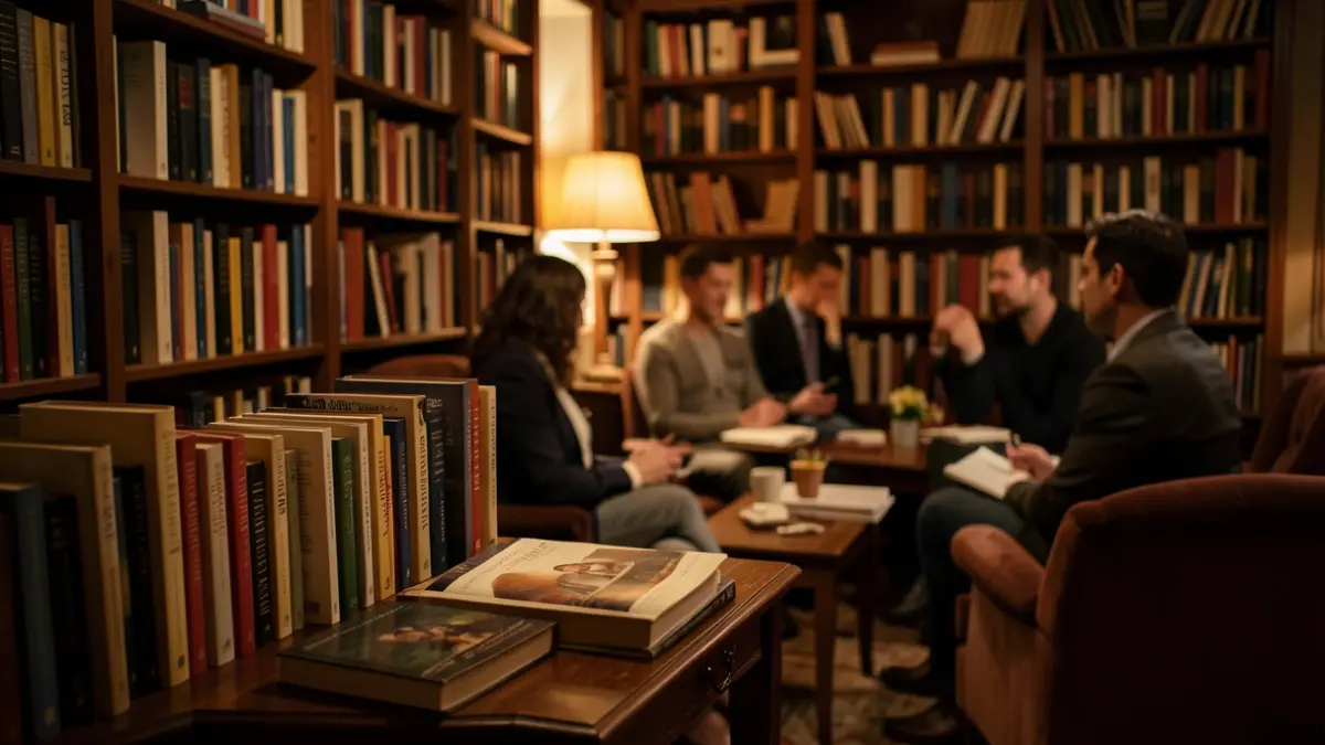 Generic image of a cozy room with bookshelves and blurred figures in the background, suggesting a book club.