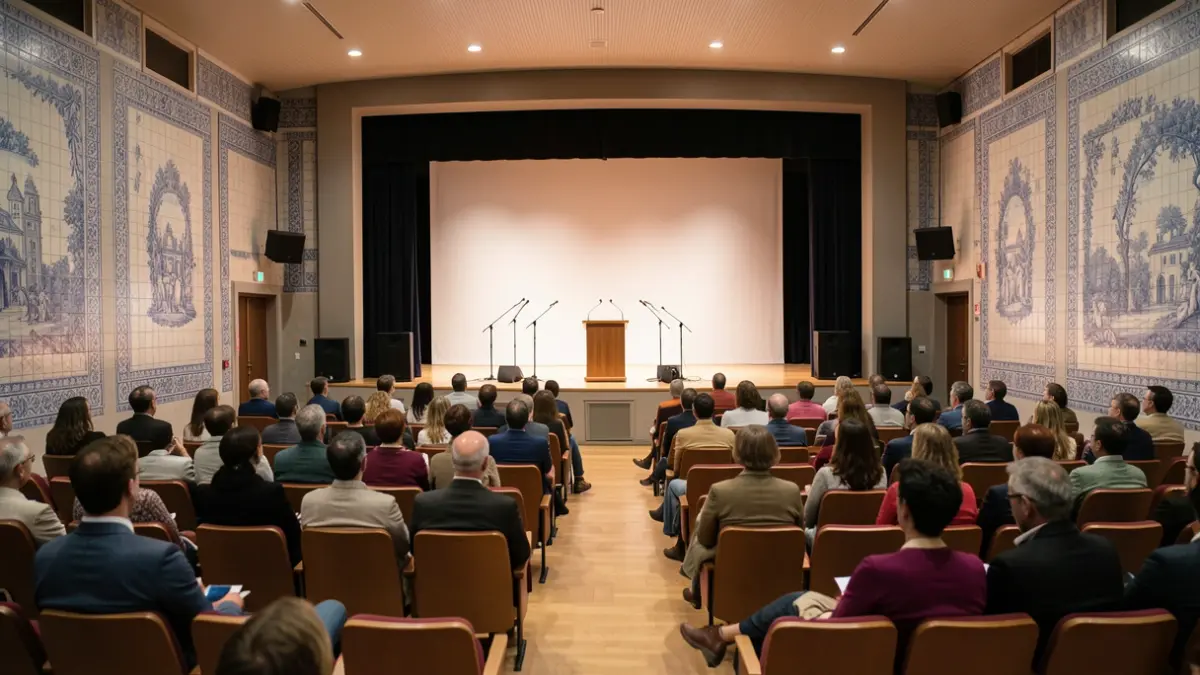 Generic image of a modern auditorium with empty seats and a stage with microphones and a lectern.