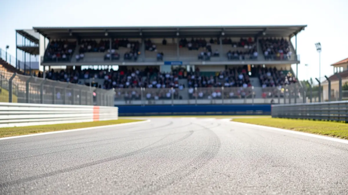 Imagem genérica de uma pista de corrida vazia no Circuito do Estoril, Portugal, com bancadas desfocadas ao sol.