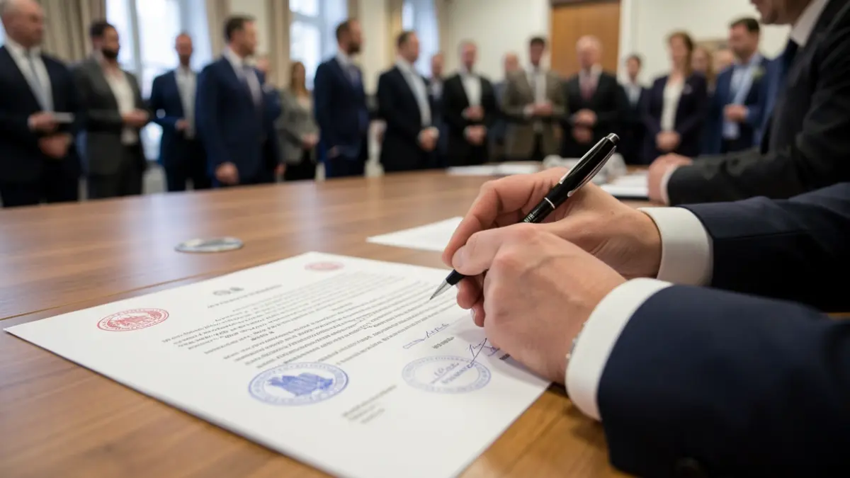 Imagem genérica de um documento legal com selos oficiais e carimbos, sobre uma secretária de madeira. Mãos em traje formal com uma caneta.