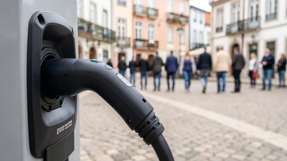 Generic image of an electric vehicle charging cable at a charging station, with a blurred background of a Portuguese urban square.