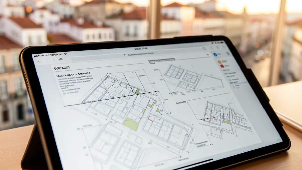 Tablet screen showing urban planning forms and charts, with a blurred cityscape of Coimbra in the background.