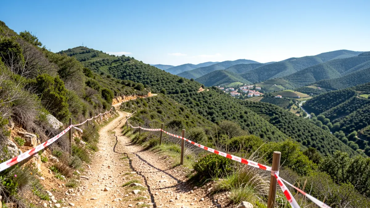 Generic image of a mountain trail in Portugal, with green landscape and blue sky.
