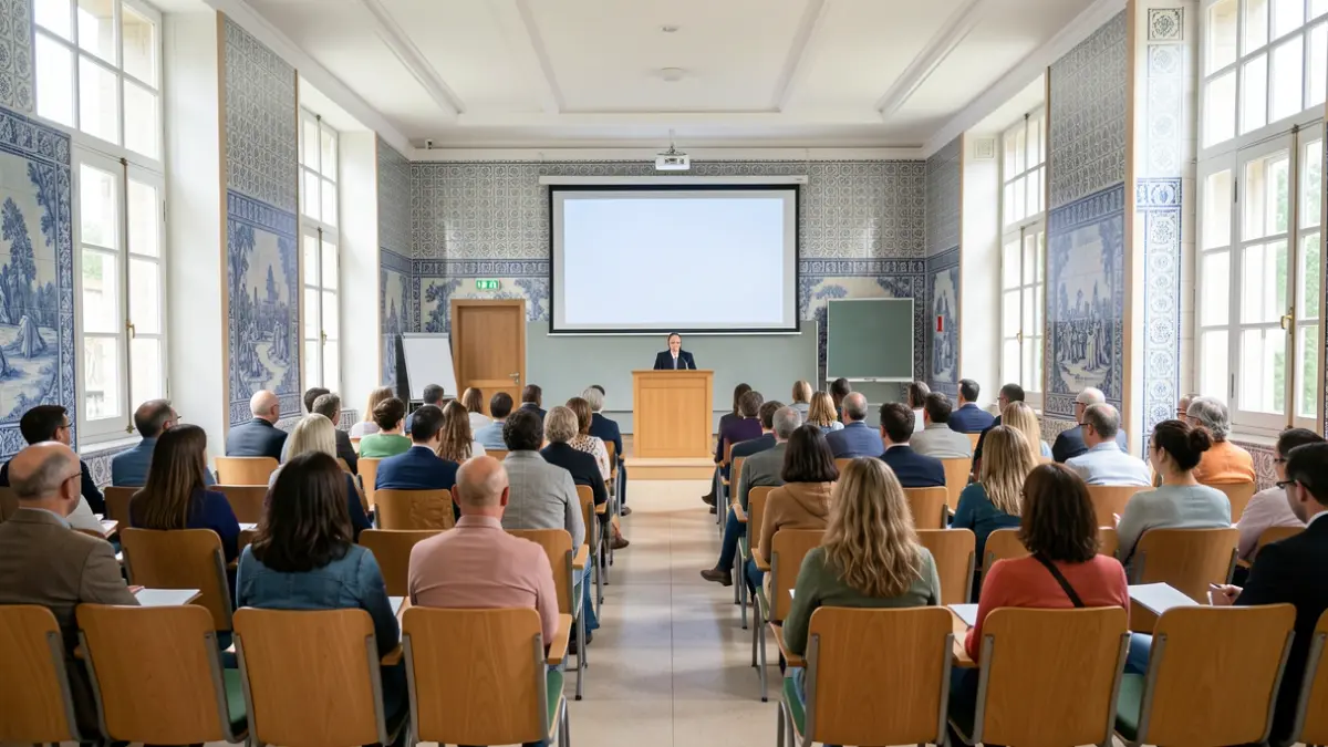 Image of a university lecture hall in Portugal, featuring traditional tiles and natural light.