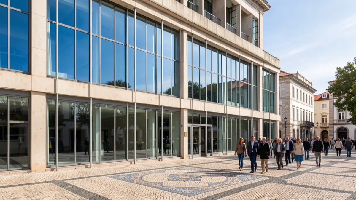 Imagem genérica de uma fachada de universidade moderna com elementos arquitetónicos portugueses subtis, sob um céu azul.
