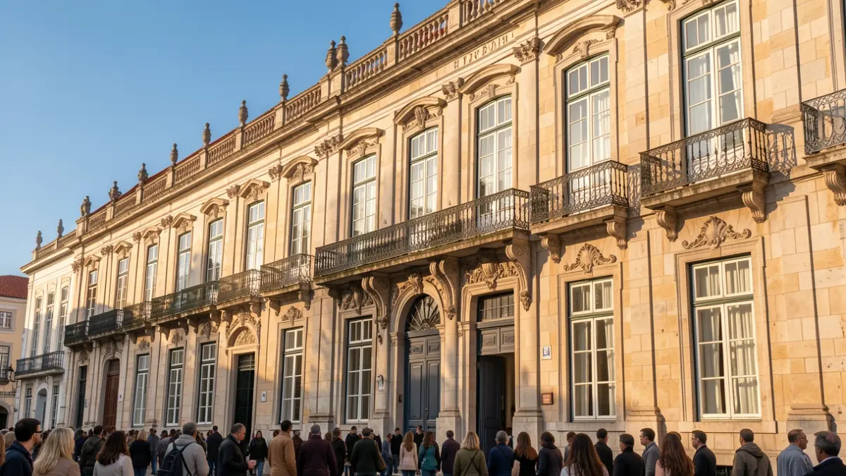 Imagen genérica de una fachada de edificio universitario histórico con arquitectura portuguesa clásica, bajo luz solar de tarde.