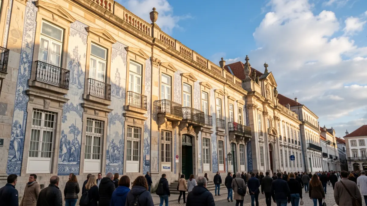 Generic image of a Portuguese university facade with azulejo tiles and stone details, under afternoon sunlight.