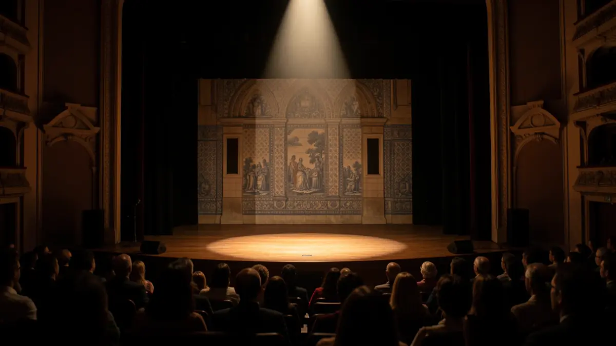 Imagem genérica de um palco de teatro com iluminação dramática, sem pessoas ou texto visível.