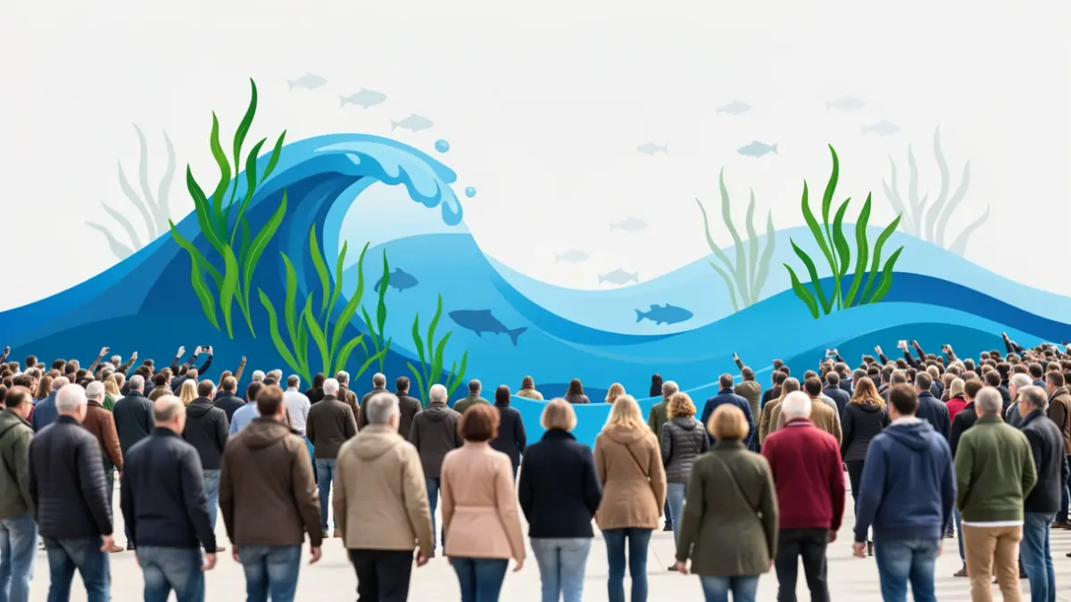 Imagen genérica de olas azules estilizadas fusionándose con plantas acuáticas verdes y siluetas de peces sutiles, sobre un fondo claro.