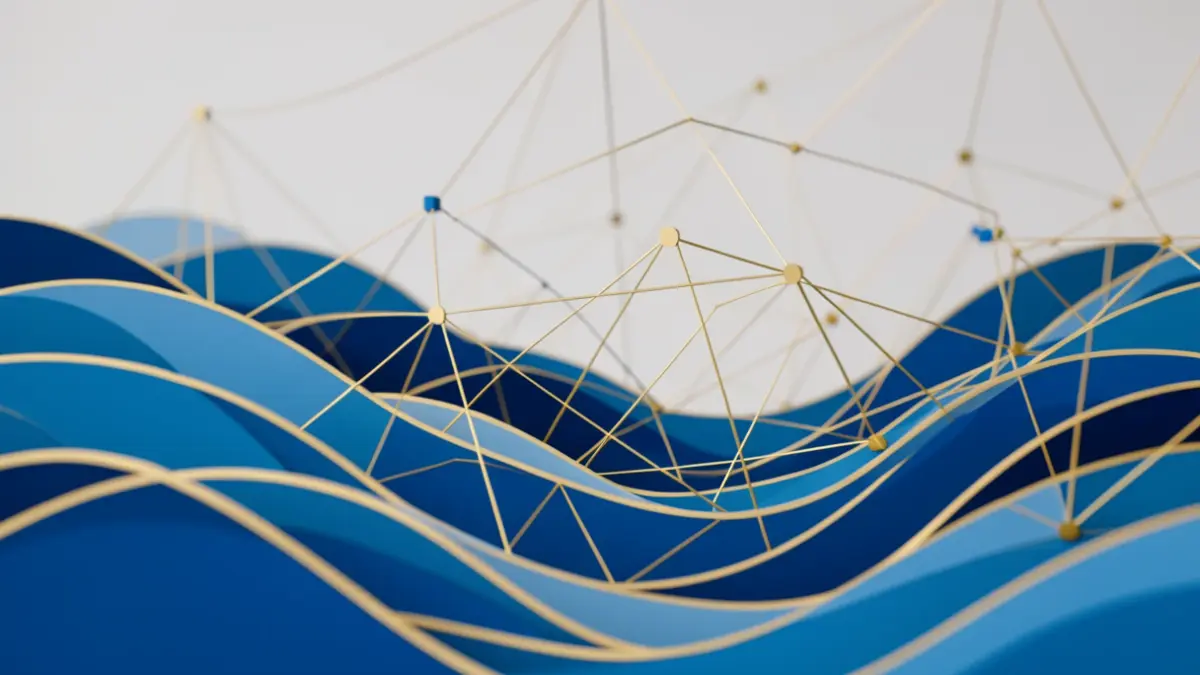 Imagen genérica de cooperación europea y estrategia marítima, con olas estilizadas y formas geométricas interconectadas.