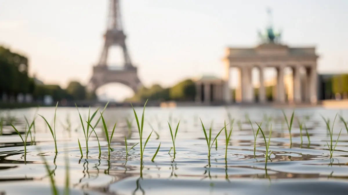 Imagen genérica de una representación abstracta de la resiliencia climática en Europa, con hitos europeos parcialmente sumergidos y brotes verdes creciendo.