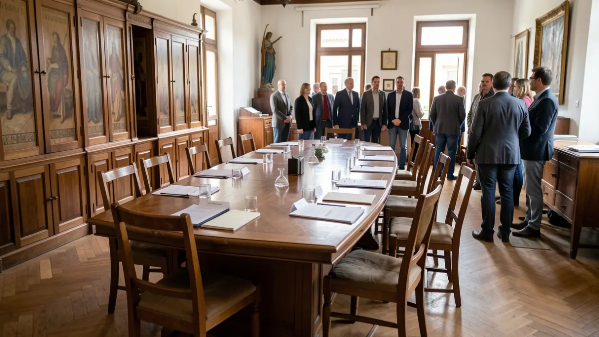 Sala de reunião institucional em Câmara Municipal portuguesa, com mesa e cadeiras.