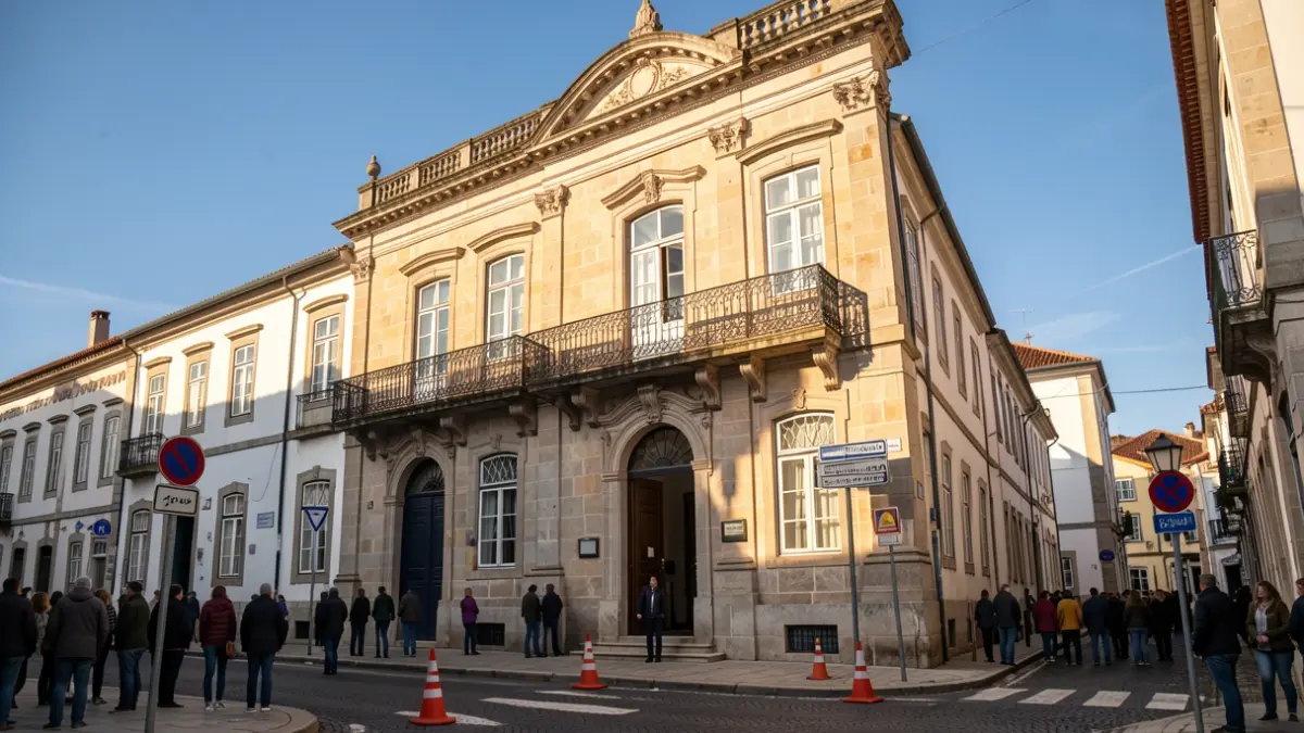Generic image of a Portuguese town hall with an ornate balcony and afternoon lighting.