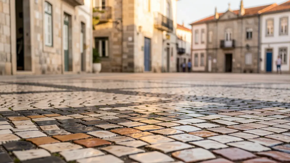 Imagem genérica de calçada portuguesa com um fundo desfocado de uma praça de Vila Nova de Cerveira, Portugal, com edifícios de pedra e luz de fim de tarde.