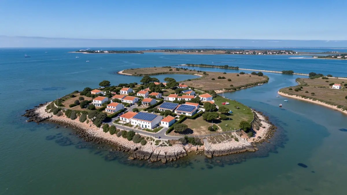 Imagem genérica de uma ilha costeira com painéis solares e a Ria Formosa.