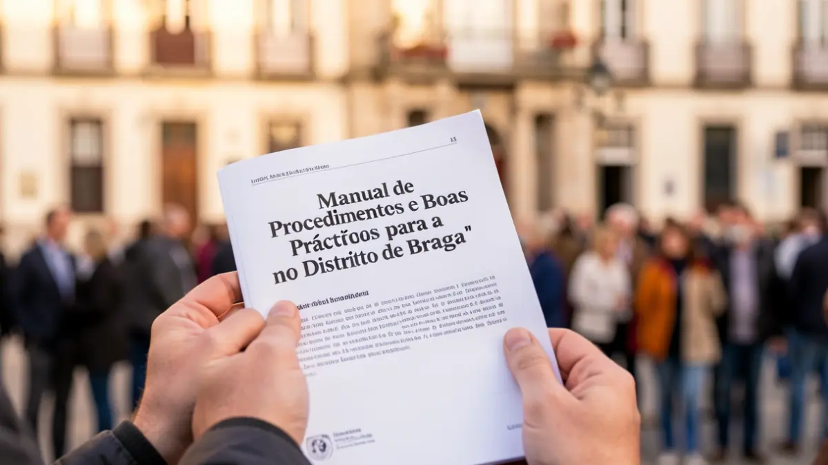 Imagen genérica de un manual de procedimientos con un edificio municipal al fondo.