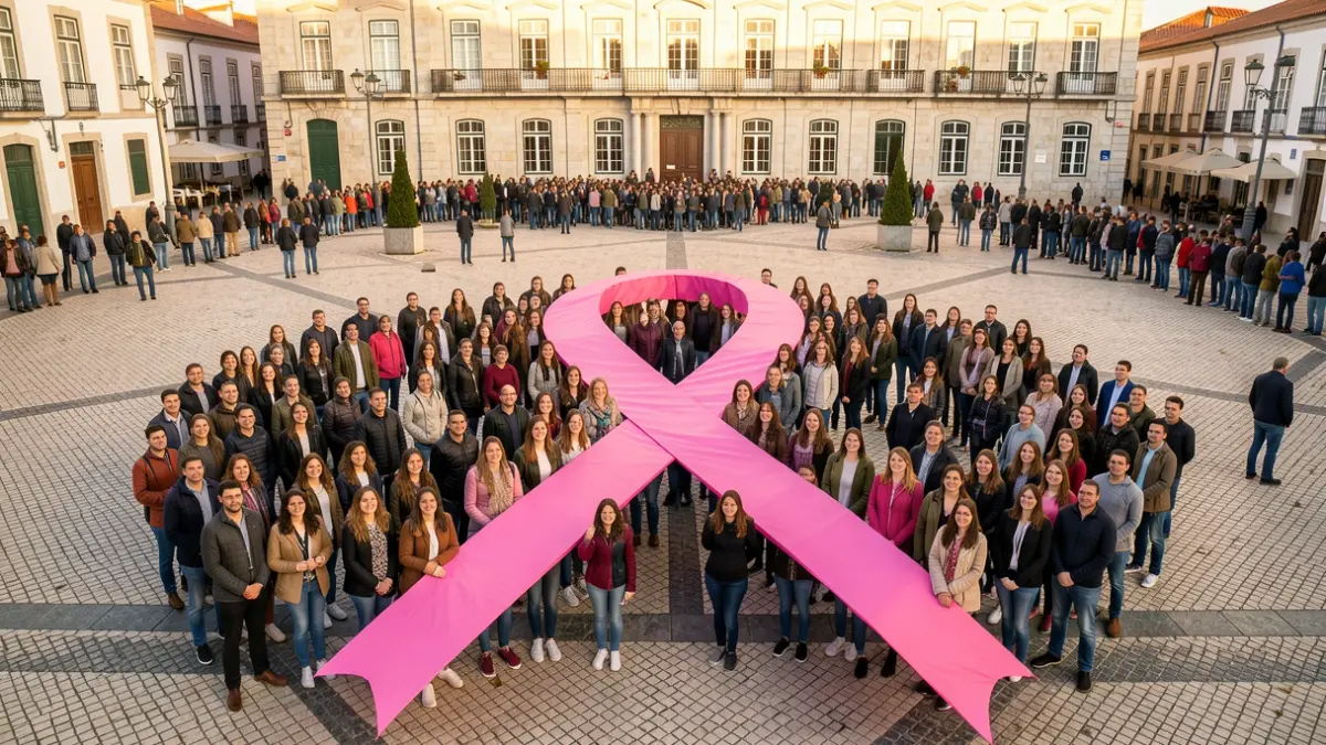 Imagem genérica de um grupo de pessoas a formar um laço humano numa praça portuguesa.